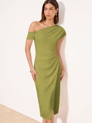 أخضر زيتوني - فستان متوسط الطول بخصر مُجمَّع بكتف مكشوفة من Lipsy - صورة 3 من 4