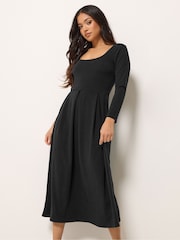 PixieGirl Petite Black Long Sleeve Pleated Scoop Neck Midi Dress - Image 1 of 4