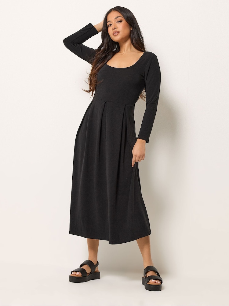 PixieGirl Petite Black Long Sleeve Pleated Scoop Neck Midi Dress - Image 2 of 4 PixieGirl Petite Black Long Sleeve Pleated Scoop Neck Midi Dress - Image 2 of 4