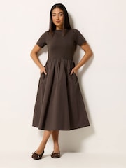 M&Co Brown Petite Short Sleeve Jersey Woven Dress - Image 1 of 5