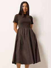 M&Co Brown Petite Short Sleeve Jersey Woven Dress - Image 2 of 5