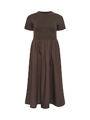 M&Co Brown Petite Short Sleeve Jersey Woven Dress - Image 5 of 5
