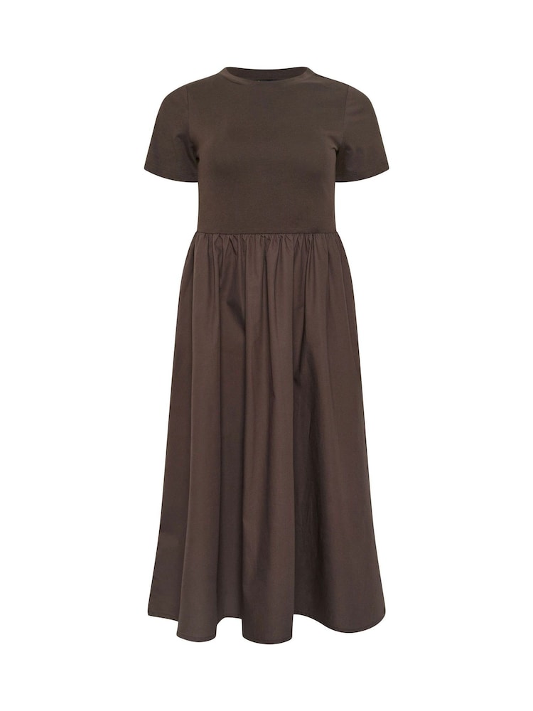 M&Co Brown Petite Short Sleeve Jersey Woven Dress - Image 5 of 5 M&Co Brown Petite Short Sleeve Jersey Woven Dress - Image 5 of 5