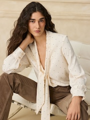 Крем/Қара нүктелі полка - Overhead Tie Neck Long Sleeve Blouse - 7суретінің 1 суреті