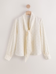 Крем/Қара нүктелі полка - Overhead Tie Neck Long Sleeve Blouse - 7суретінің 5 суреті