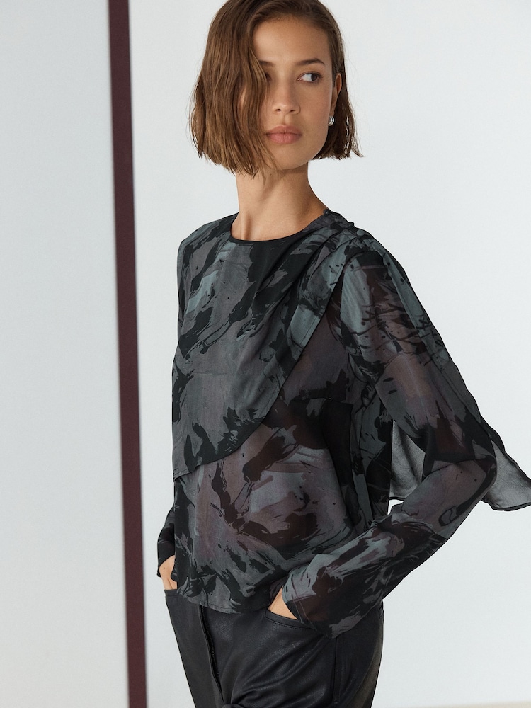 Navy Horse Print Long Sleeved Cape Top - Image 1 of 9 Navy Horse Print Long Sleeved Cape Top - Image 1 of 9