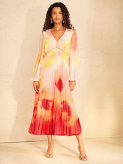 Love & Roses Orange Ombre Petite Chiffon Pleated Midi Dress - Image 1 of 5