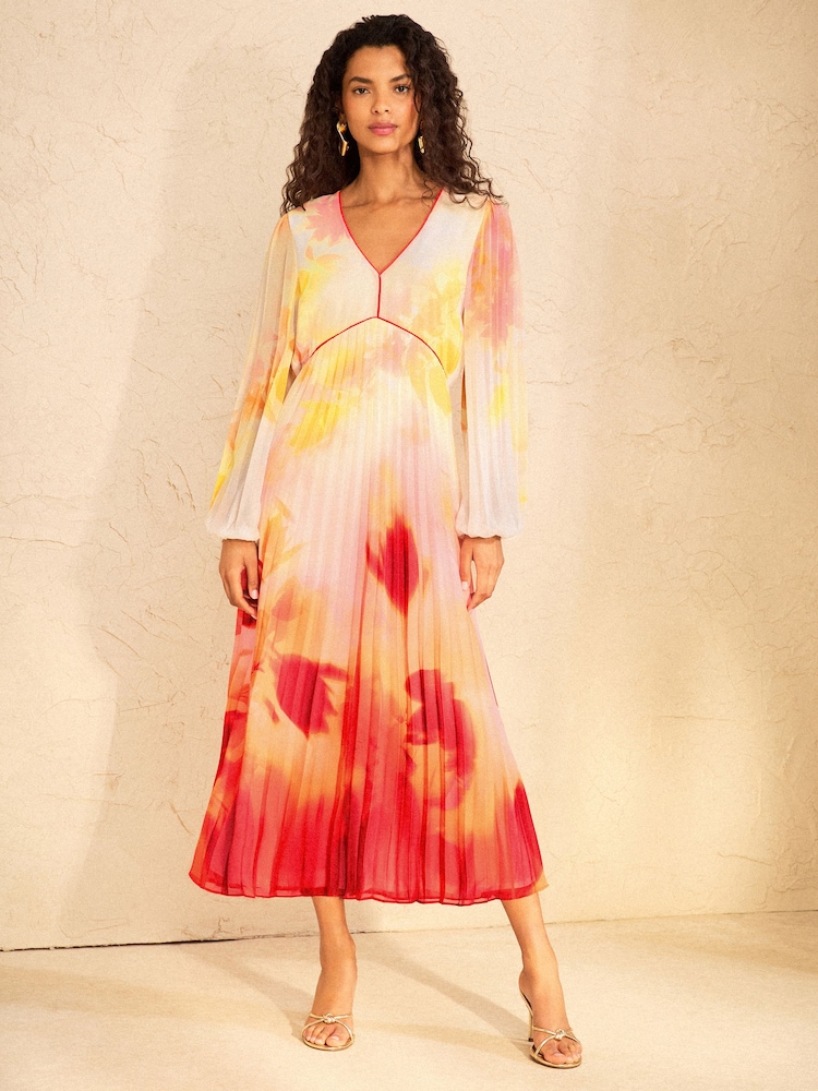 Love & Roses Orange Ombre Petite Chiffon Pleated Midi Dress - Image 1 of 5