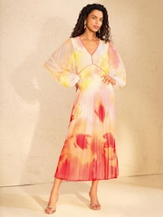 Love & Roses Orange Ombre Petite Chiffon Pleated Midi Dress - Image 3 of 5