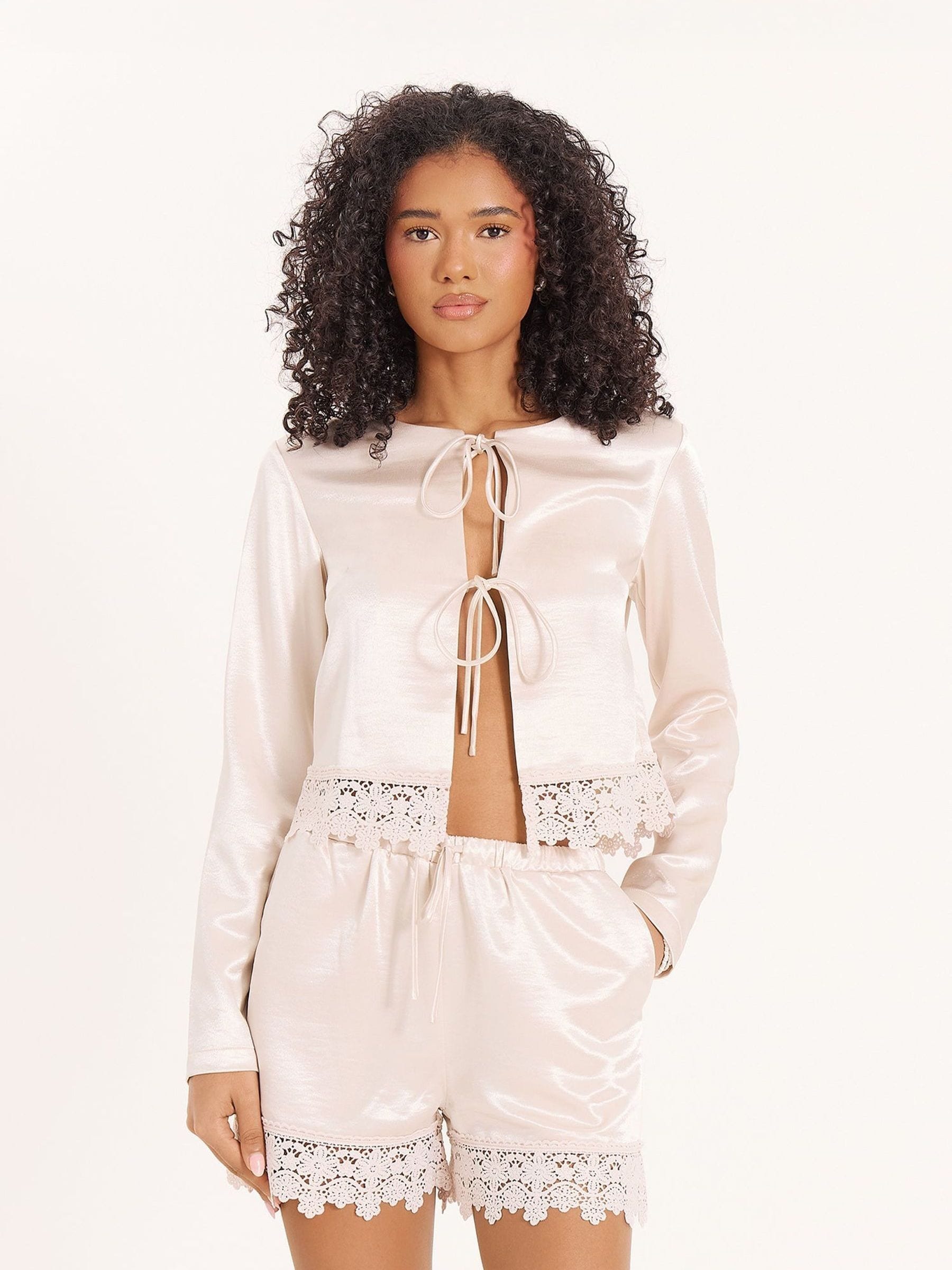 Buy 4th & Reckless Cream Satin Tie Front Blouse With Lace Trim