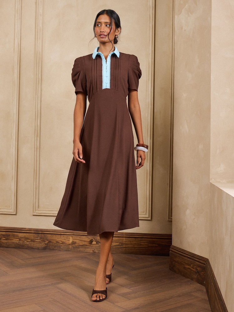Love & Roses Chocolate Brown Contrast Collared Midi Dress - Image 1 of 4 Love & Roses Chocolate Brown Contrast Collared Midi Dress - Image 1 of 4