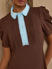 Love & Roses Chocolate Brown Contrast Collared Midi Dress - Image 2 of 4