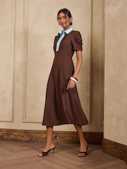 Love & Roses Chocolate Brown Contrast Collared Midi Dress - Image 3 of 4