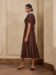 Love & Roses Chocolate Brown Contrast Collared Midi Dress - Image 4 of 4