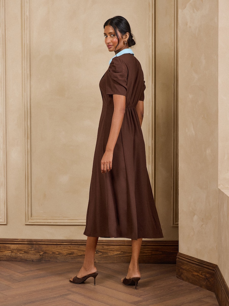 Love & Roses Chocolate Brown Contrast Collared Midi Dress - Image 4 of 4 Love & Roses Chocolate Brown Contrast Collared Midi Dress - Image 4 of 4