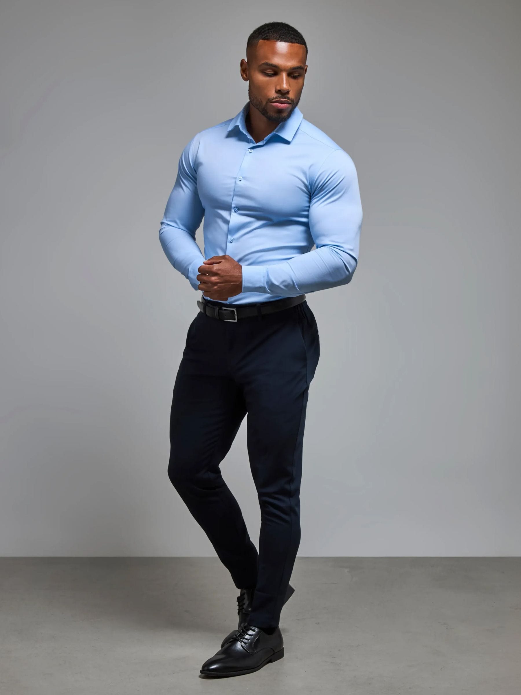 light blue dress shirt and black pants Men's French Long Sleeve Shirt, Stain Repellent, Wrinkle Resistant sweat shirt ASOS Design - Slim Textured