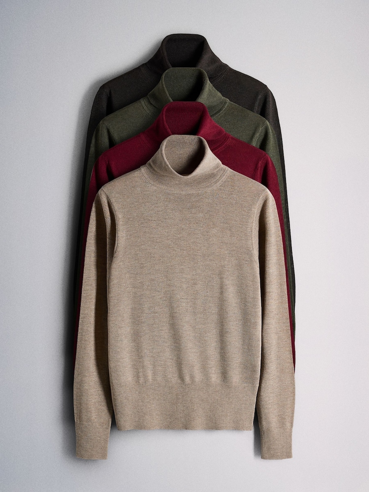 The Set 3 Pack Roll Neck Jumpers With Wool Forest Green  Syrah/Red Ganache/Brown Goat/Beige - Image 2 of 13