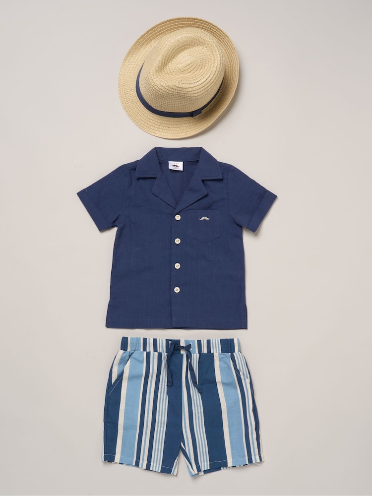 Little Gent Blue Woven Shirt Stripe Shorts And Fedora Hat - Image 1 of 6 Little Gent Blue Woven Shirt Stripe Shorts And Fedora Hat - Image 1 of 6