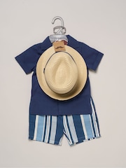 Little Gent Blue Woven Shirt Stripe Shorts And Fedora Hat - Image 2 of 6
