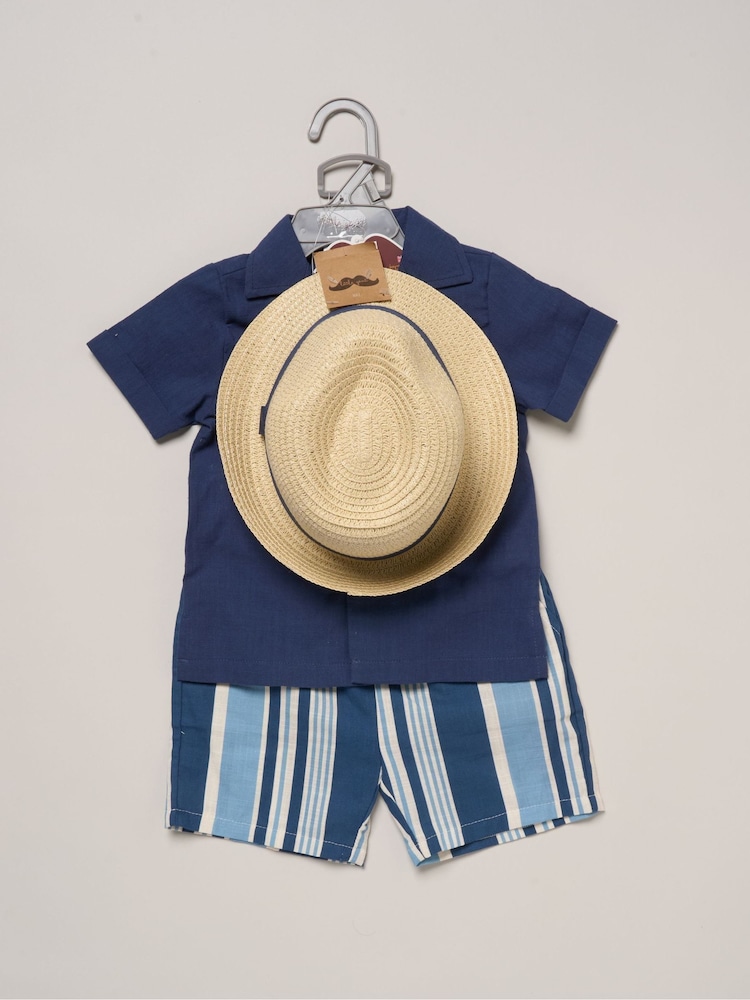 Little Gent Blue Woven Shirt Stripe Shorts And Fedora Hat - Image 2 of 6 Little Gent Blue Woven Shirt Stripe Shorts And Fedora Hat - Image 2 of 6