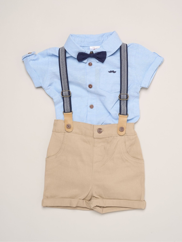 Little Gent Blue Mock Shirt Bodysuit Shorts And Bowtie Outfit Set - Image 1 of 5
