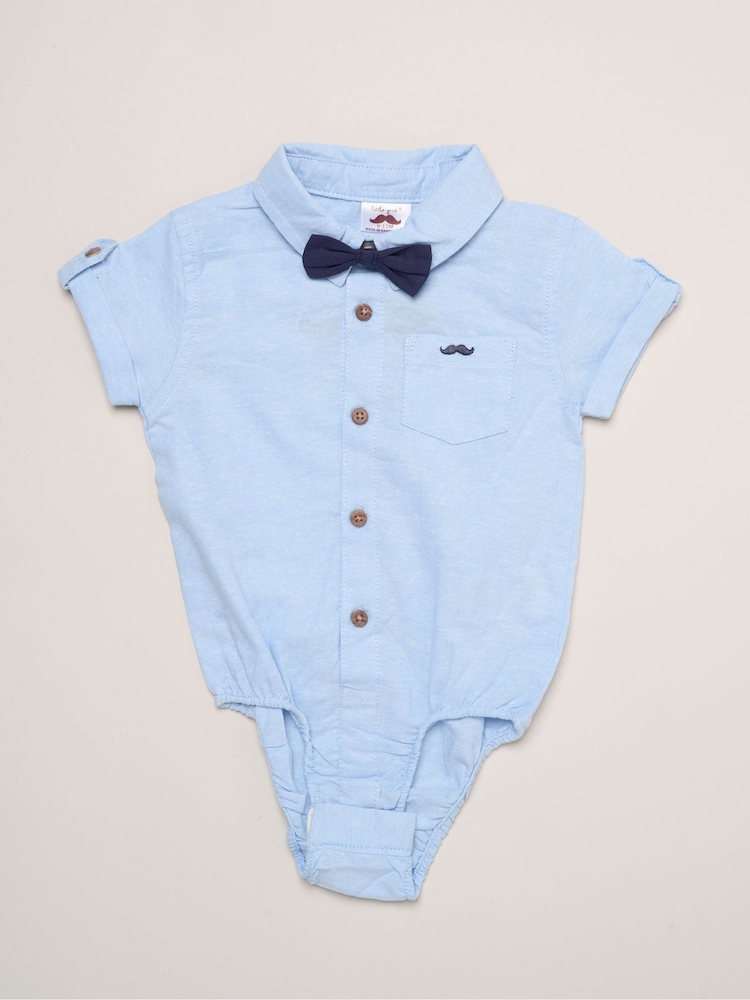 Little Gent Blue Mock Shirt Bodysuit Shorts And Bowtie Outfit Set - Image 5 of 5