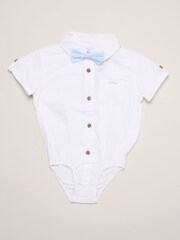 Little Gent Blue Mock Shirt Bodysuit Shorts And Bowtie Outfit Set - Image 4 of 5