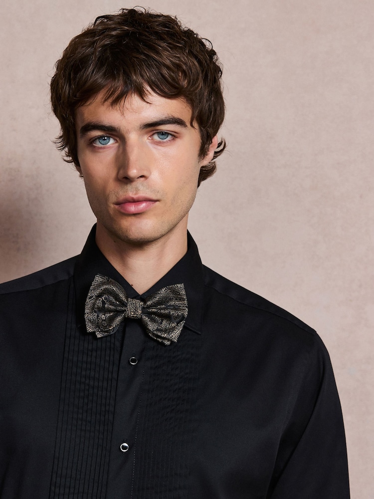 Black Cotton Rich Pleated Front Smart Shirt and Gold Lurex Bow Tie Set - Image 1 of 6 Black Cotton Rich Pleated Front Smart Shirt and Gold Lurex Bow Tie Set - Image 1 of 6