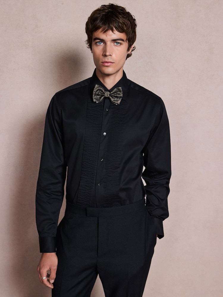 Black Cotton Rich Pleated Front Smart Shirt and Gold Lurex Bow Tie Set - Image 6 of 6 Black Cotton Rich Pleated Front Smart Shirt and Gold Lurex Bow Tie Set - Image 6 of 6