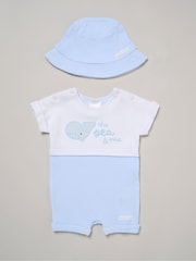 Rock-A-Bye Baby Boutique Blue Whale Printed Romper And Reversible Hat Outfit Set - Image 1 of 4