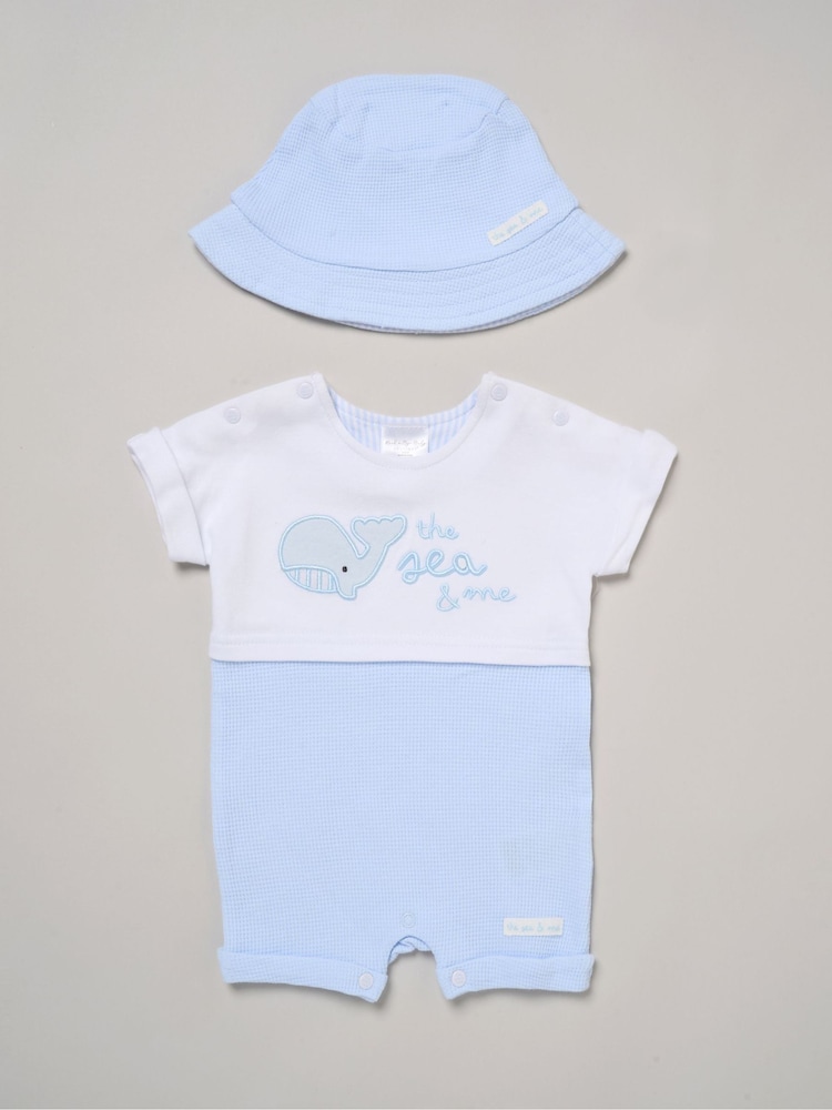 Rock-A-Bye Baby Boutique Blue Whale Printed Romper And Reversible Hat Outfit Set - Image 1 of 4