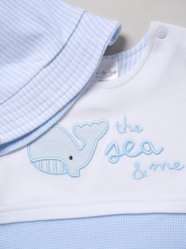 Rock-A-Bye Baby Boutique Blue Whale Printed Romper And Reversible Hat Outfit Set - Image 2 of 4