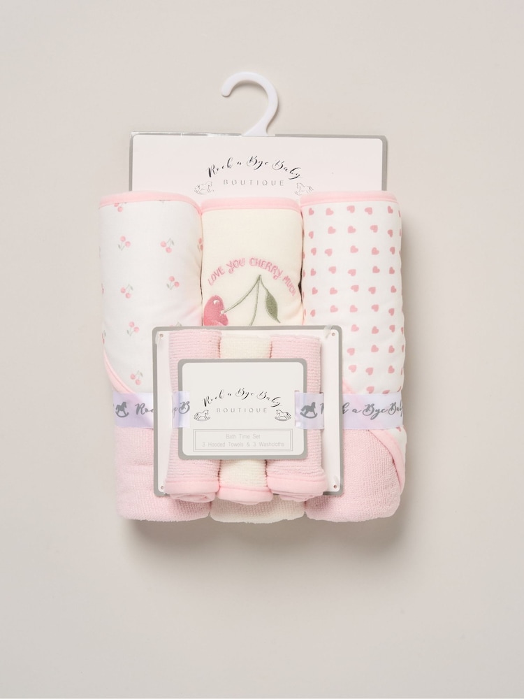 Rock-A-Bye Baby Boutique Cherry Pink Hooded Towels And Wash Cloth Set 3 Pack - Image 3 of 3 Rock-A-Bye Baby Boutique Cherry Pink Hooded Towels And Wash Cloth Set 3 Pack - Image 3 of 3