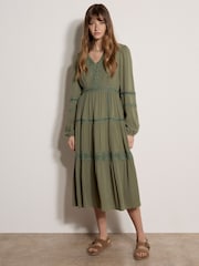 Apricot Green Lace Trim Tiered Midi Dress - Image 1 of 5