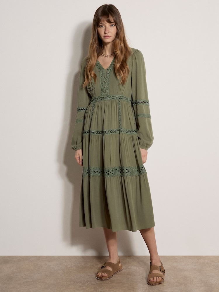 Apricot Green Lace Trim Tiered Midi Dress - Image 1 of 5