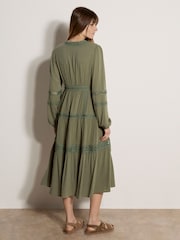Apricot Green Lace Trim Tiered Midi Dress - Image 2 of 5