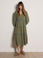 Apricot Green Lace Trim Tiered Midi Dress - Image 3 of 5