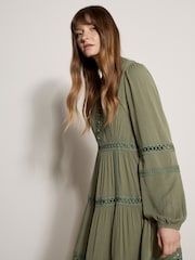 Apricot Green Lace Trim Tiered Midi Dress - Image 4 of 5