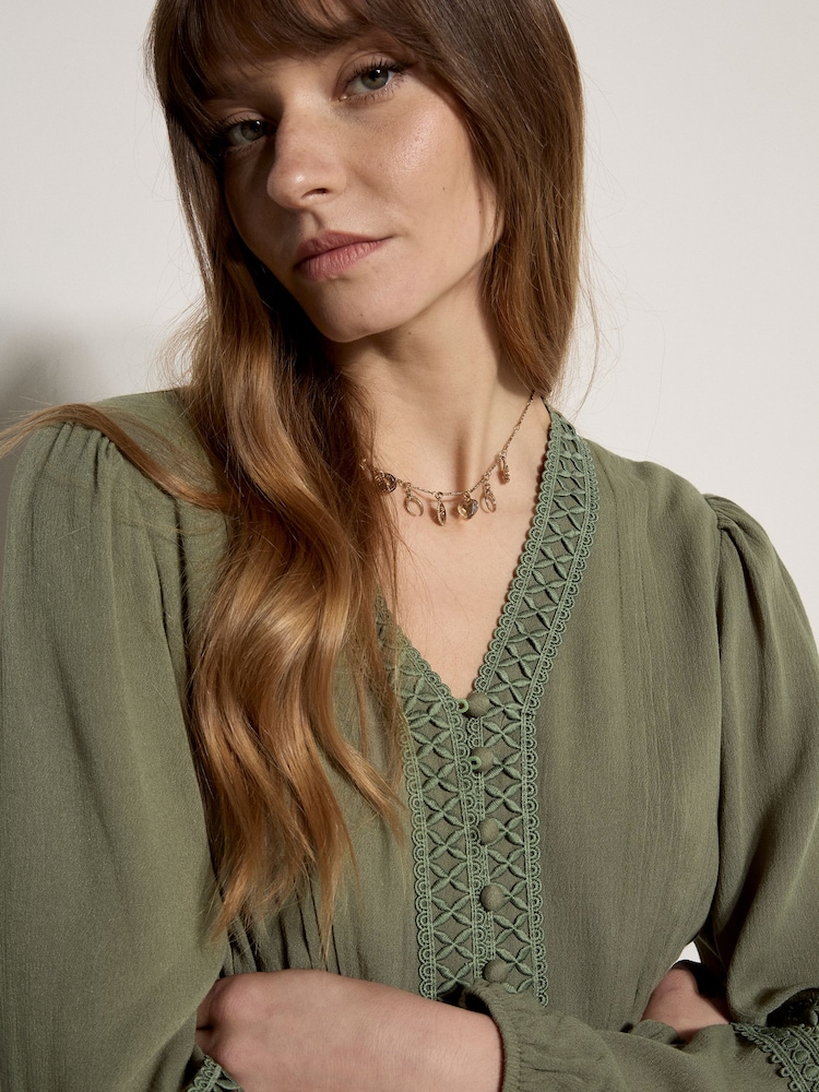 Apricot Green Lace Trim Tiered Midi Dress - Image 5 of 5