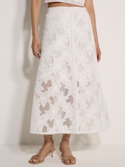 Apricot White Floral Mesh Lace Midi Skirt - Image 1 of 3