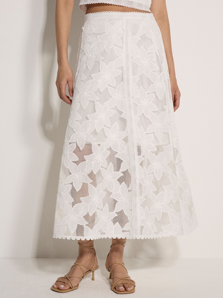 Apricot White Floral Mesh Lace Midi Skirt - Image 1 of 3