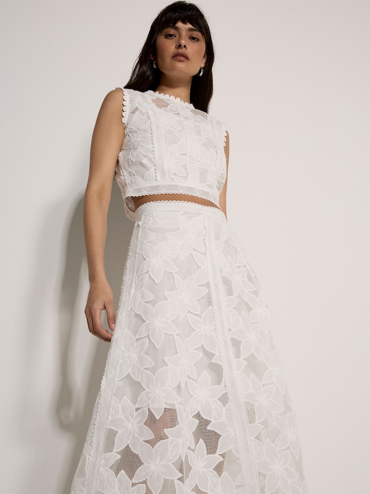 Apricot White Floral Mesh Lace Midi Skirt - Image 2 of 3