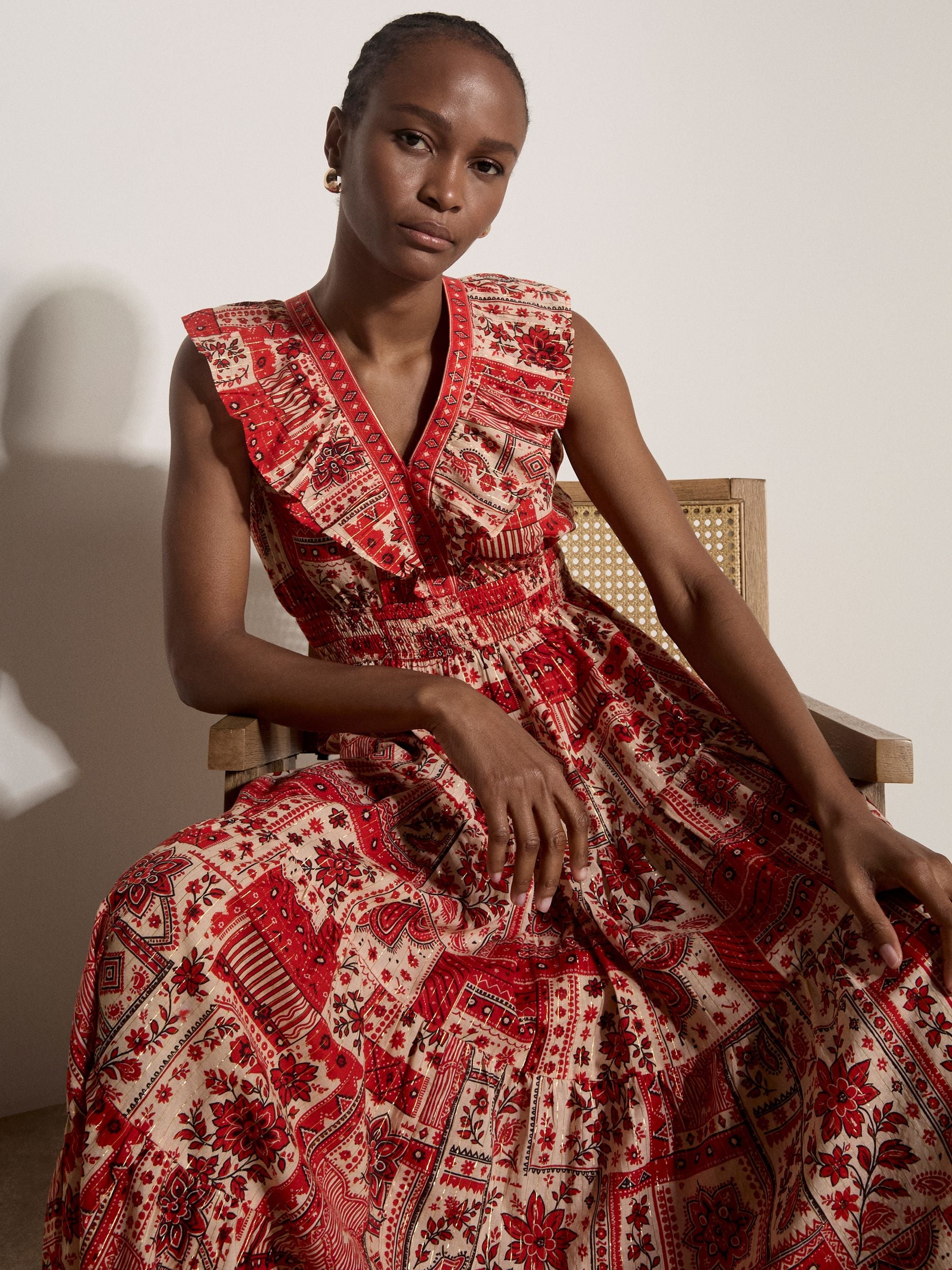 Buy Apricot Red Shimmer Scarf Print Tiered Midaxi Dress from the