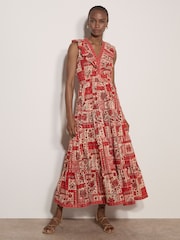 Apricot Red Shimmer Scarf Print Tiered Midaxi Dress - Image 2 of 5