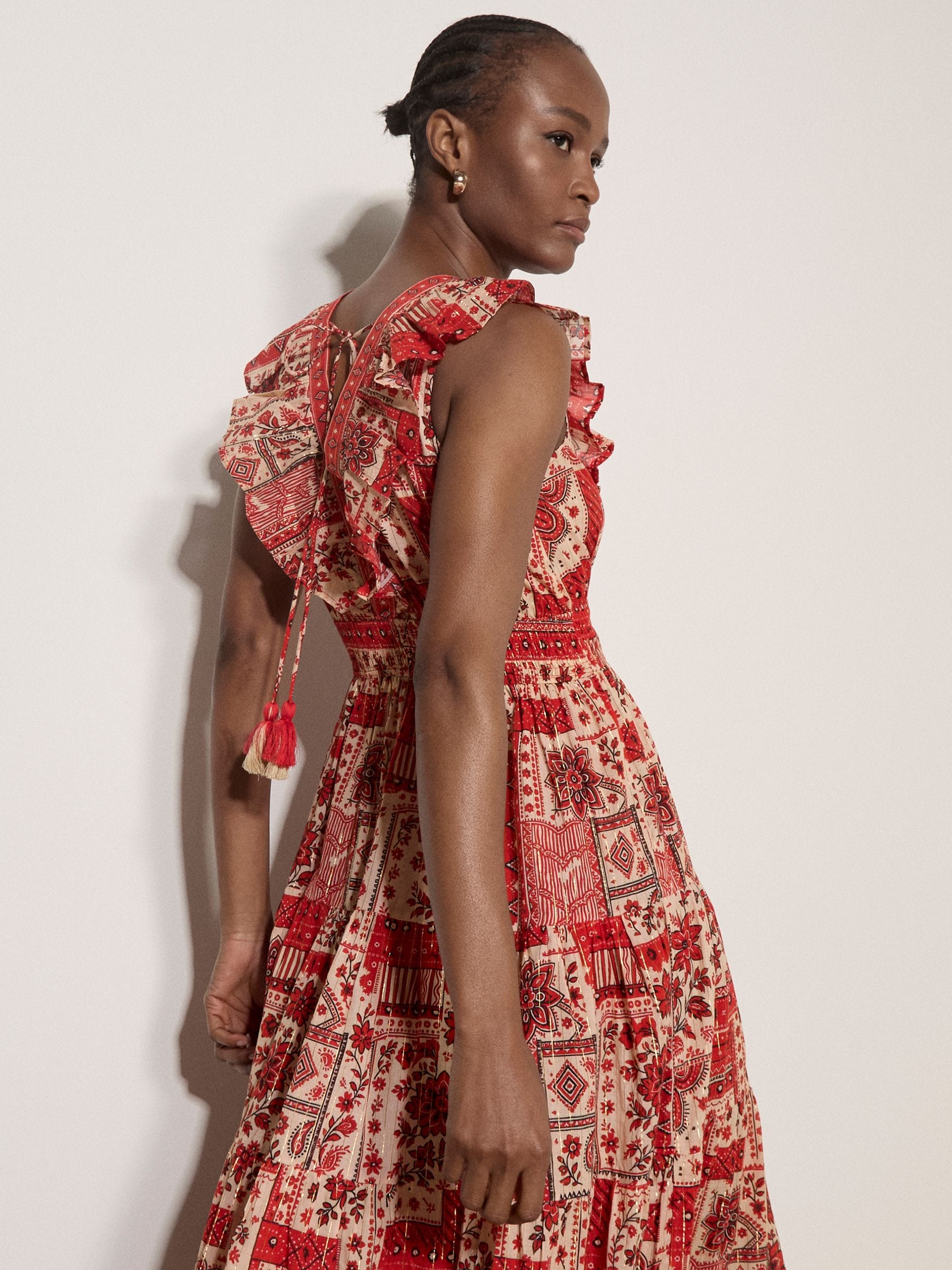 Buy Apricot Red Shimmer Scarf Print Tiered Midaxi Dress from the