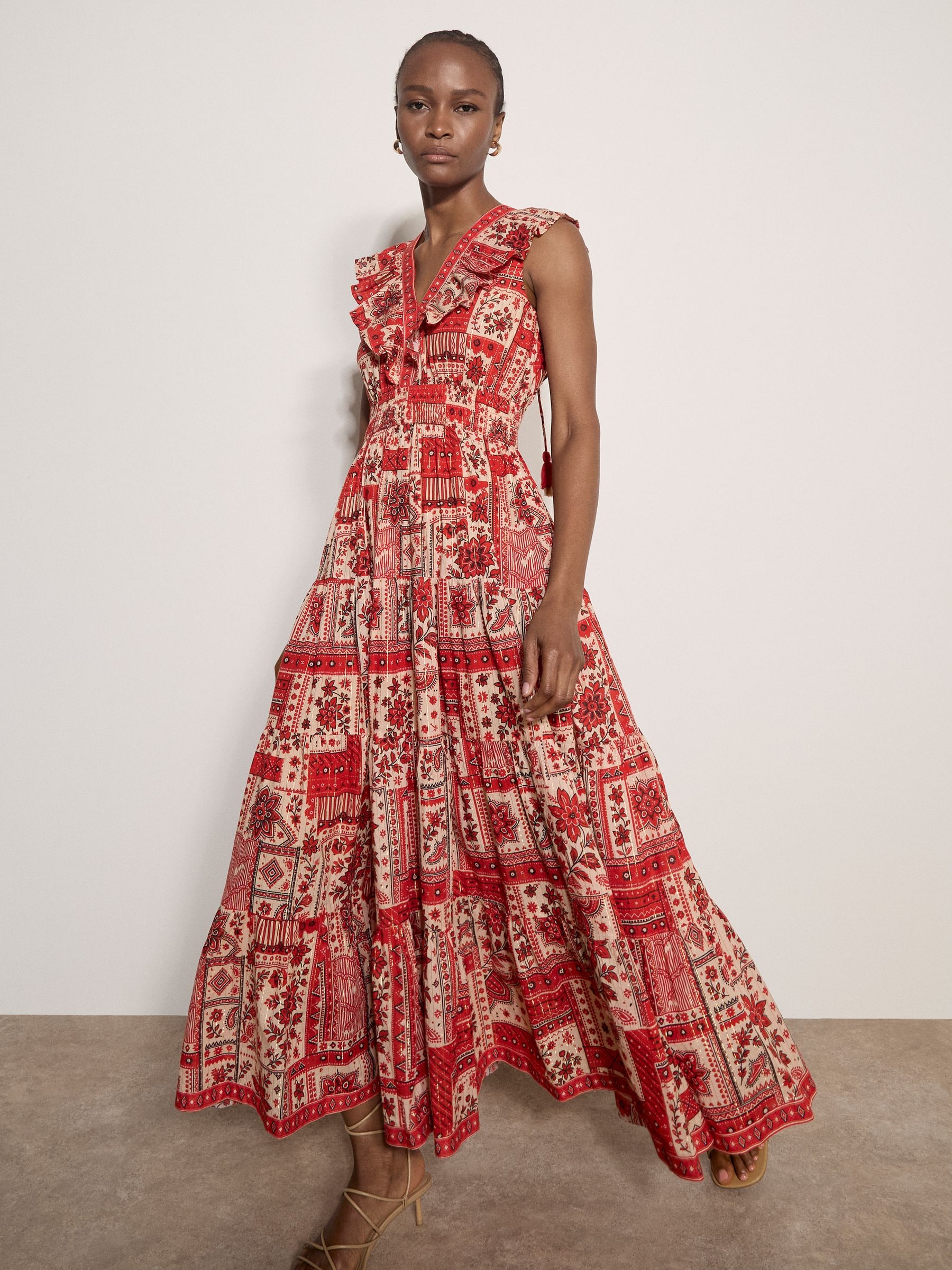 Buy Apricot Red Shimmer Scarf Print Tiered Midaxi Dress from the