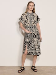 Apricot Natural Floral Pineapple Border Print Shirt Midi Dress - Image 2 of 4
