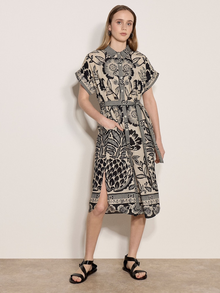 Apricot Natural Floral Pineapple Border Print Shirt Midi Dress - Image 2 of 4