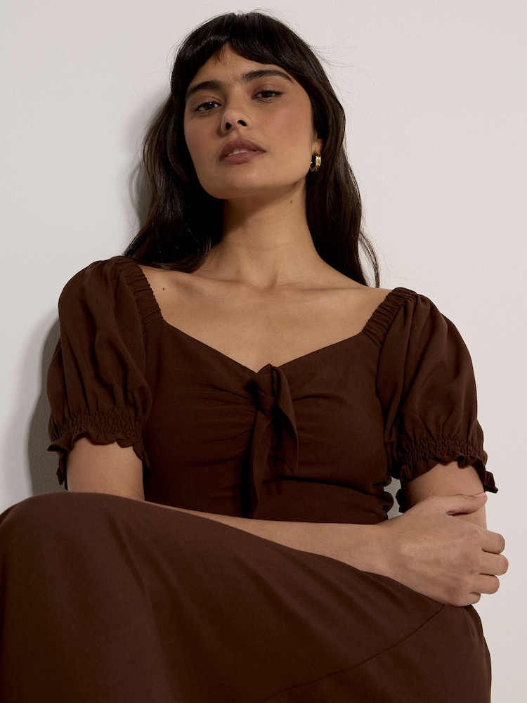 Apricot Brown Tie Detail Milkmaid Midaxi Dress - Image 3 of 3