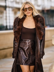 Friends Like These X Mollie King Chocolate Brown Croc Effect Faux Leather PU Mini Belt Skirt - Image 1 of 6
